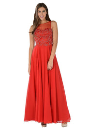 Long Red Dress with Beaded Illusion Bodice by Poly USA-Long Formal Dresses-ABC Fashion