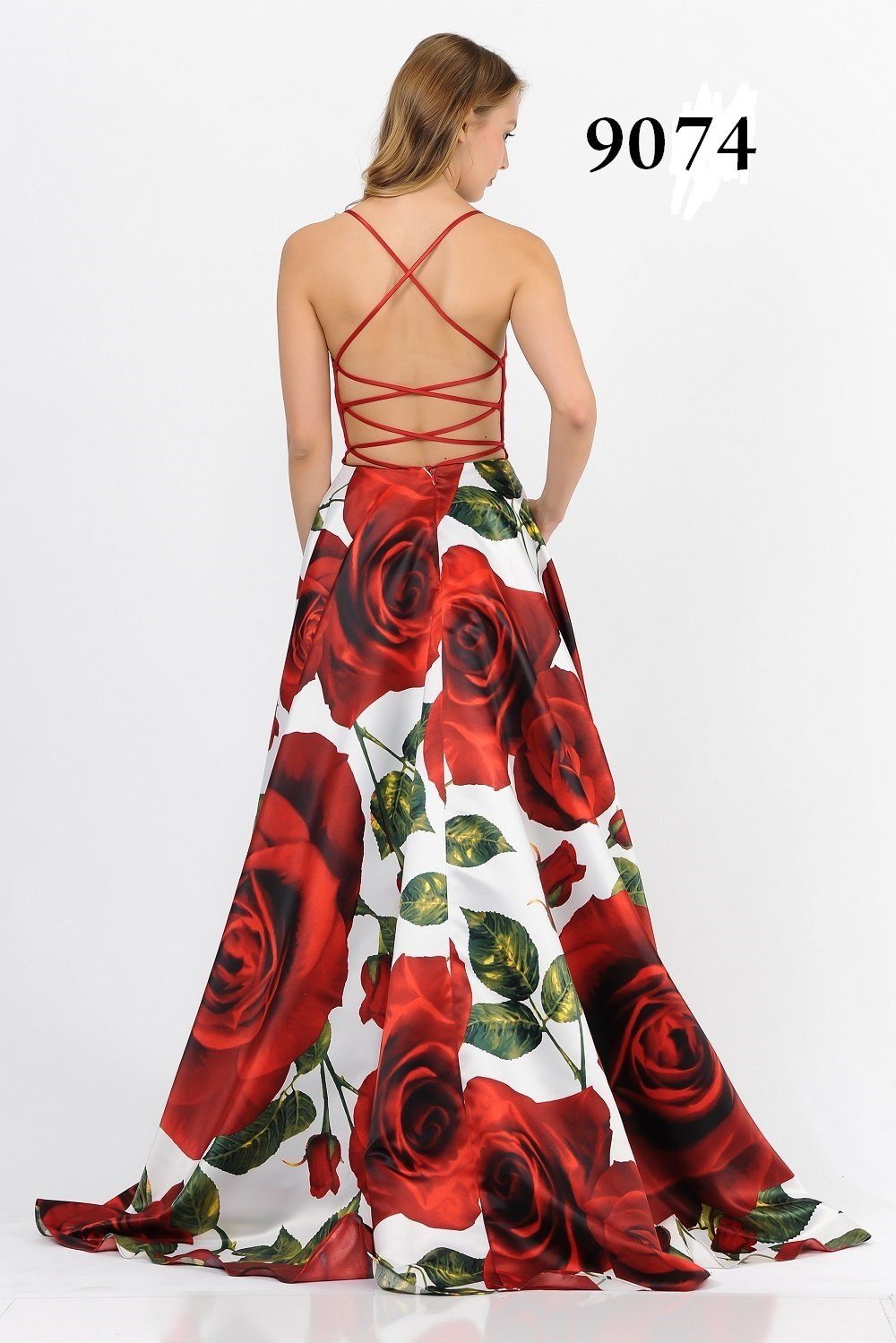Long Red Floral Print Dress with Strappy Back by Poly USA 9074-Long Formal Dresses-ABC Fashion
