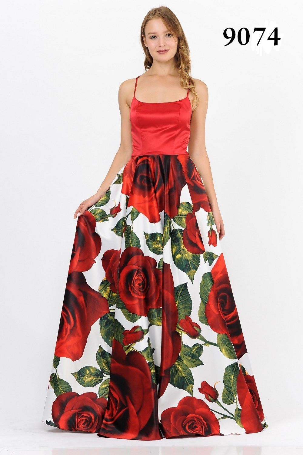 Long Red Floral Print Dress with Strappy Back by Poly USA 9074-Long Formal Dresses-ABC Fashion