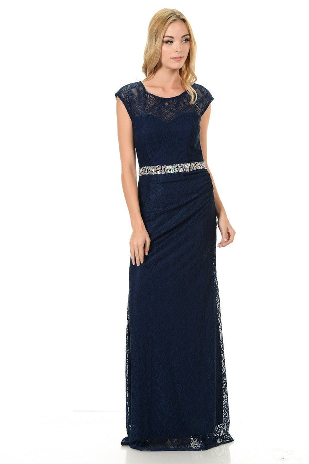Long Royal Blue Cap Sleeve Lace Dress with Shawl by Lenovia-Long Formal Dresses-ABC Fashion