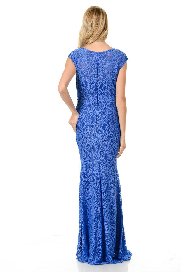 Long Royal Blue Cap Sleeve Lace Dress with Shawl by Lenovia-Long Formal Dresses-ABC Fashion