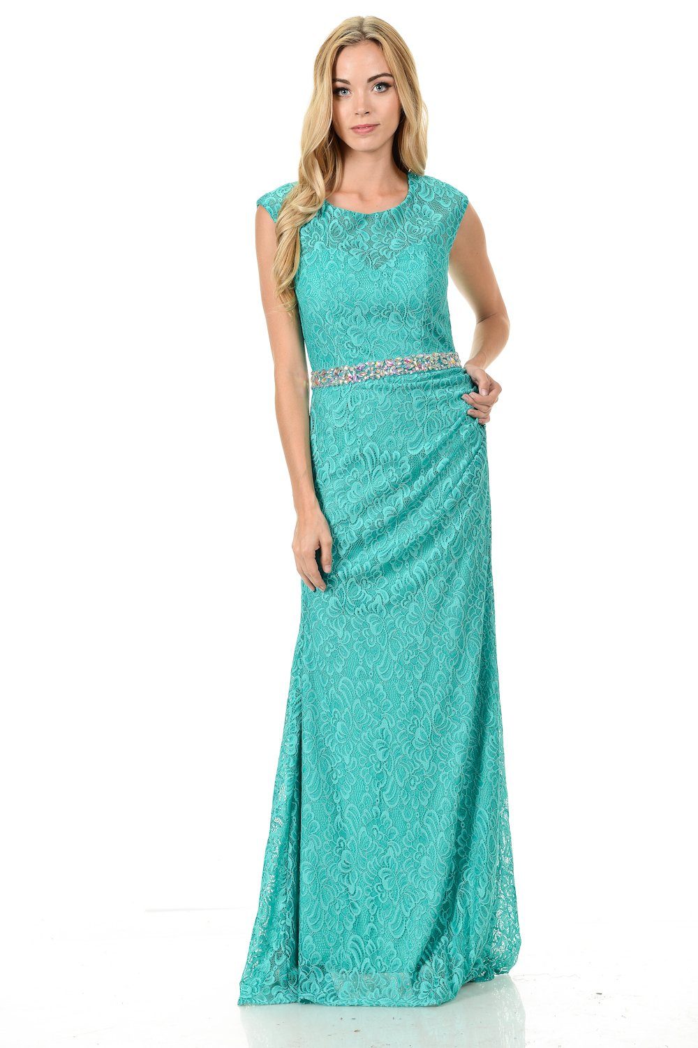 Long Royal Blue Cap Sleeve Lace Dress with Shawl by Lenovia – ABC Fashion