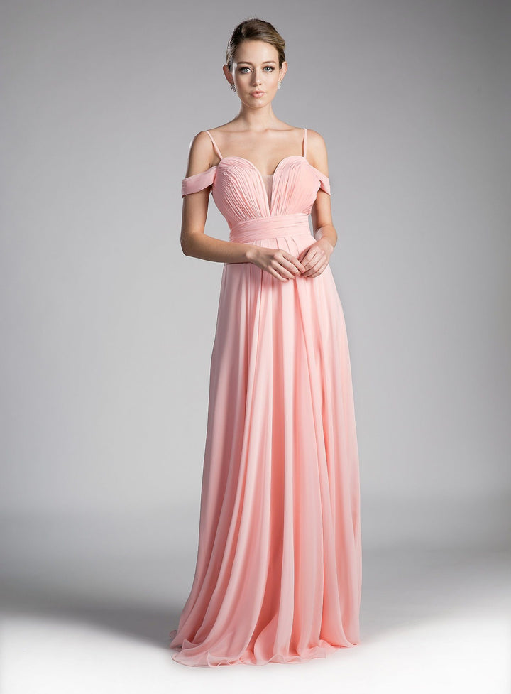 Long Ruched Cold Shoulder Chiffon Dress by Cinderella Divine CJ241-Long Formal Dresses-ABC Fashion