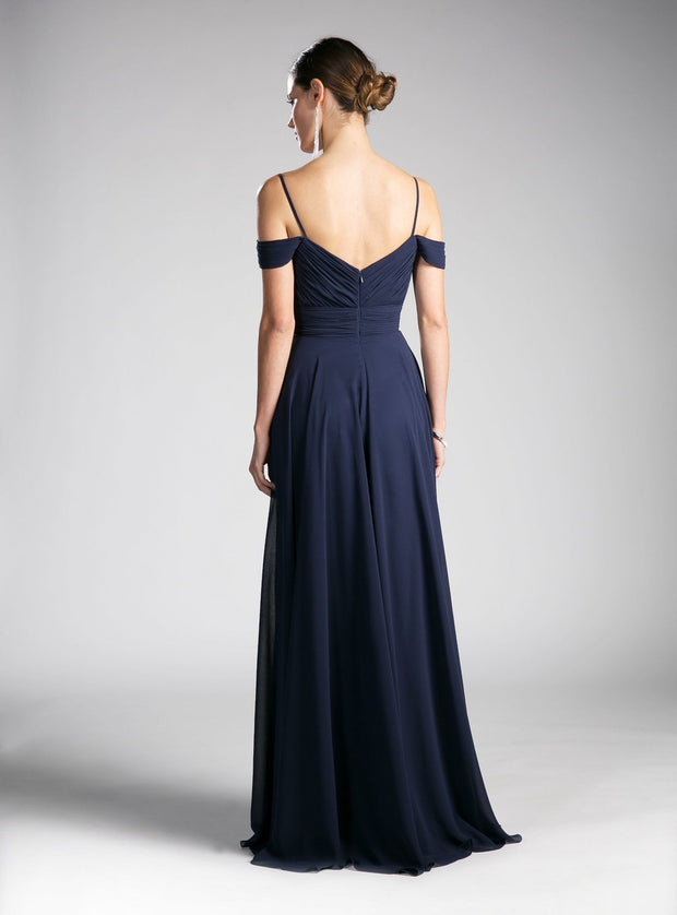 Long Ruched Cold Shoulder Chiffon Dress by Cinderella Divine CJ241-Long Formal Dresses-ABC Fashion