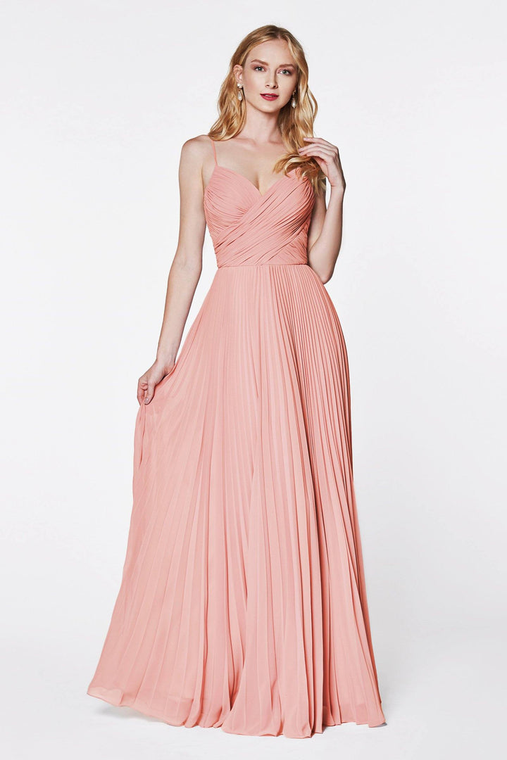 Long Ruched Dress with Pleated Skirt by Cinderella Divine 7471-Long Formal Dresses-ABC Fashion
