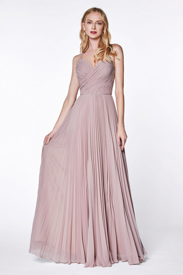 Long Ruched Dress with Pleated Skirt by Cinderella Divine 7471