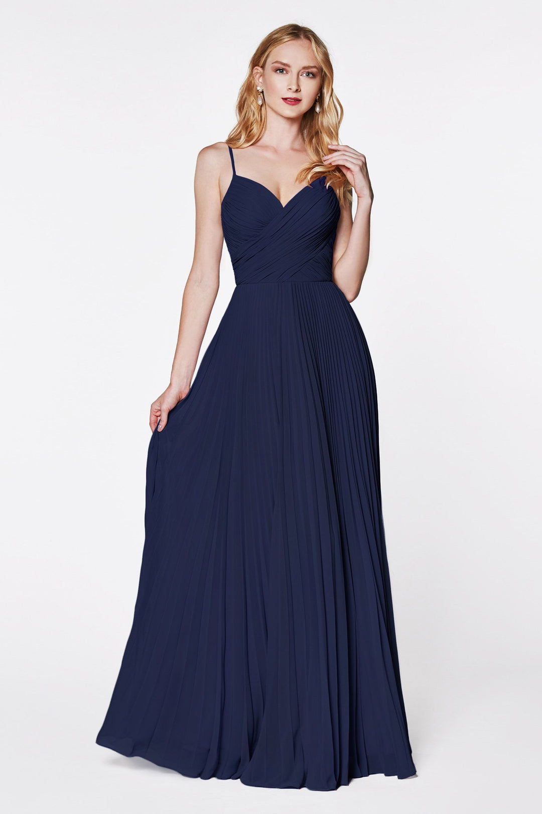 Long Ruched Dress with Pleated Skirt by Cinderella Divine 7471-Long Formal Dresses-ABC Fashion