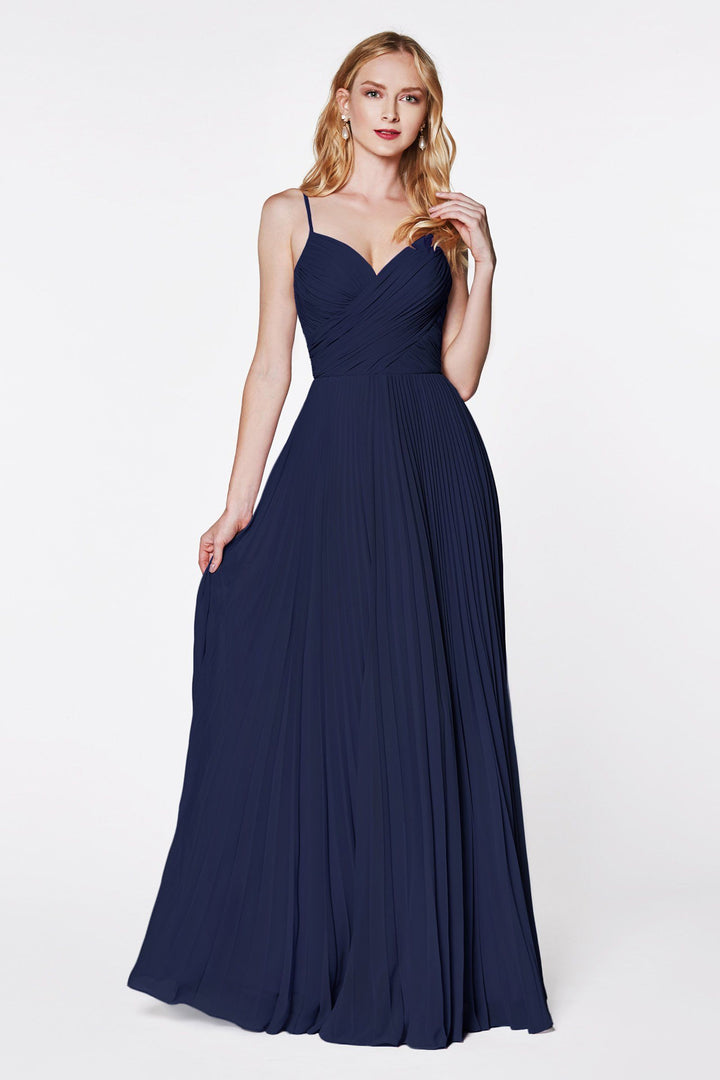 Long Ruched Dress with Pleated Skirt by Cinderella Divine 7471-Long Formal Dresses-ABC Fashion