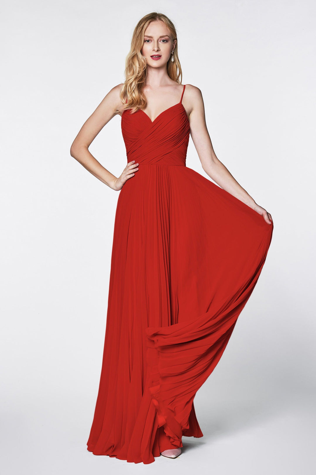 Long Ruched Dress with Pleated Skirt by Cinderella Divine 7471-Long Formal Dresses-ABC Fashion