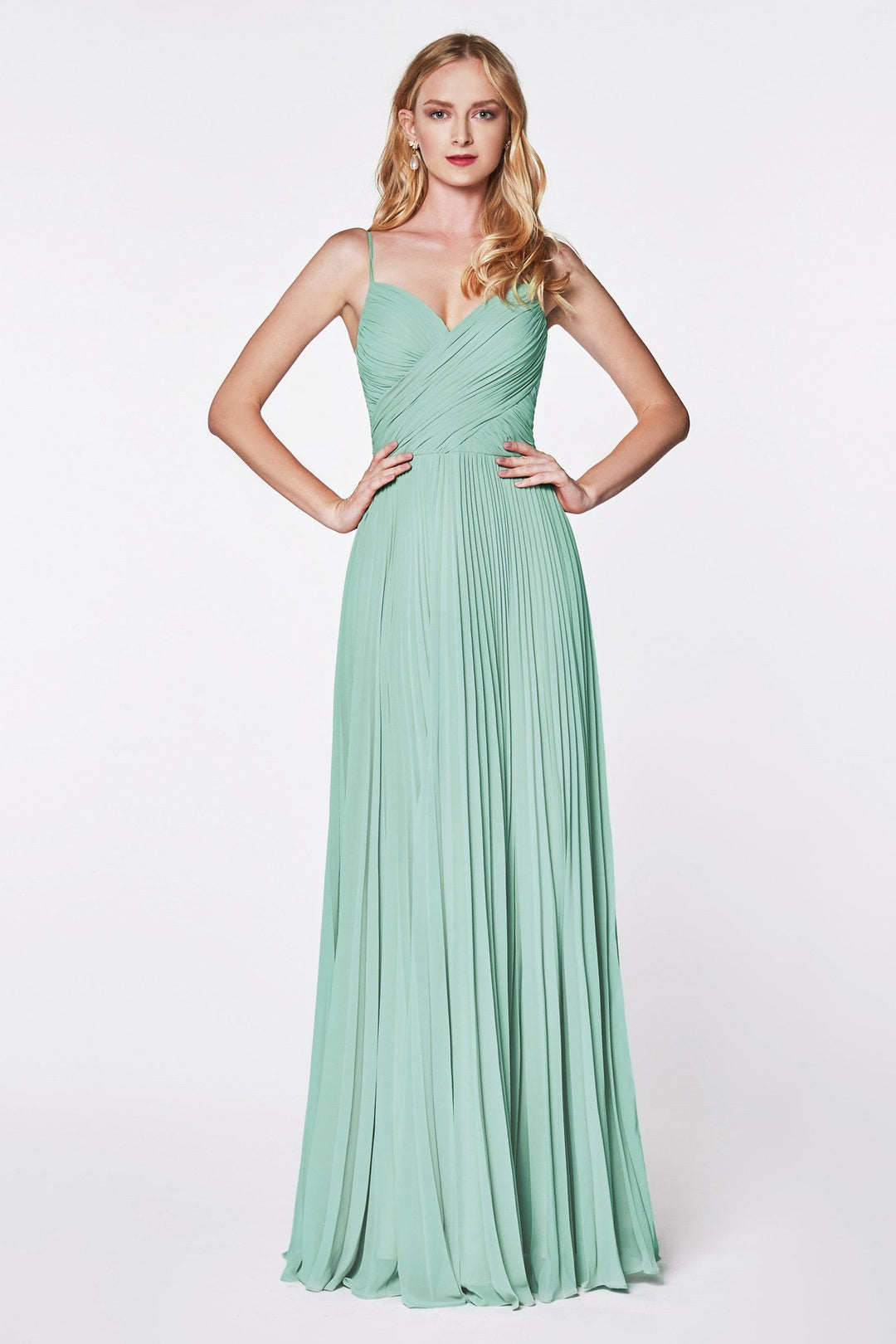 Long Ruched Dress with Pleated Skirt by Cinderella Divine 7471-Long Formal Dresses-ABC Fashion
