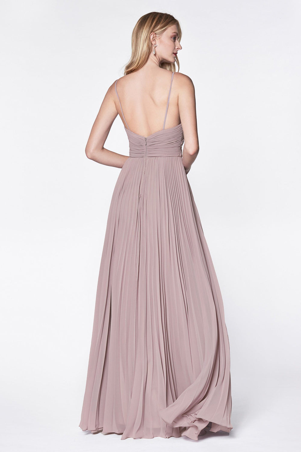 Long Ruched Dress with Pleated Skirt by Cinderella Divine 7471-Long Formal Dresses-ABC Fashion
