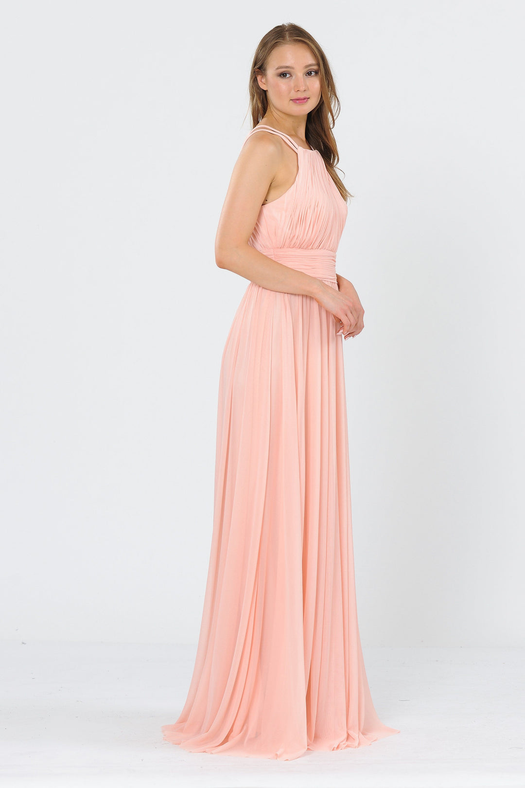 Long Ruched Halter A-line Dress by Poly USA 8396