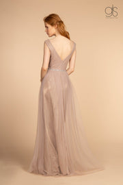 Long Ruched V-Neck Dress with Jeweled Waistband by Elizabeth K GL2560-Long Formal Dresses-ABC Fashion