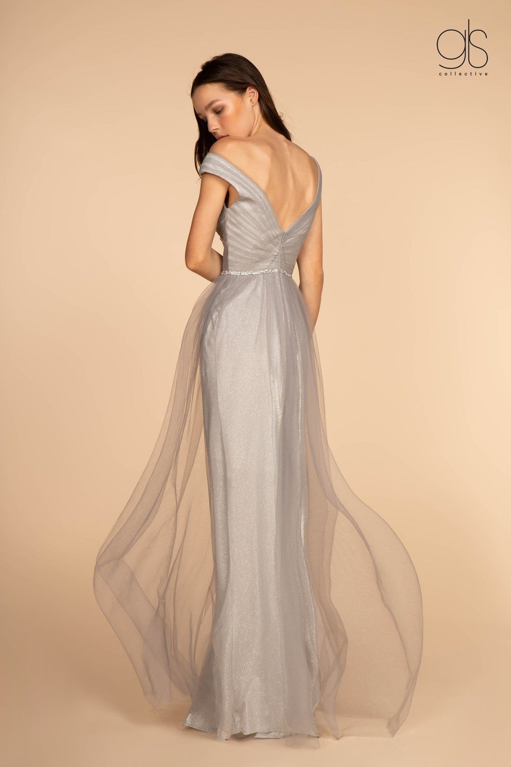 Long Ruched V-Neck Dress with Jeweled Waistband by Elizabeth K GL2560-Long Formal Dresses-ABC Fashion