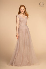 Long Ruched V-Neck Dress with Jeweled Waistband by Elizabeth K GL2560-Long Formal Dresses-ABC Fashion
