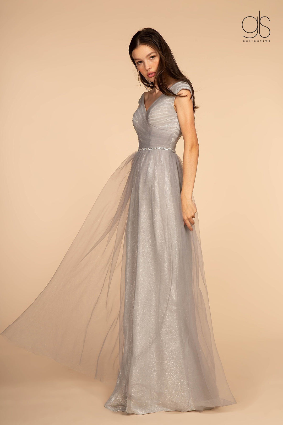 Long Ruched V-Neck Dress with Jeweled Waistband by Elizabeth K GL2560-Long Formal Dresses-ABC Fashion