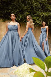 Cinderella Divine Flowy Satin V-Neckline A-Line Dusty Blue Bridesmaids or Evening Gown BD105 S / DUSTY-BLUE (LightSteelBlue)