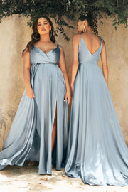 Long Satin V-Neck Dress by Cinderella Divine BD105