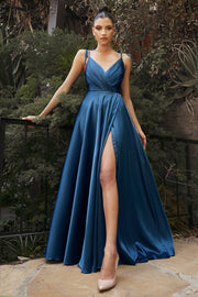 Long Satin V-Neck Dress by Cinderella Divine BD105