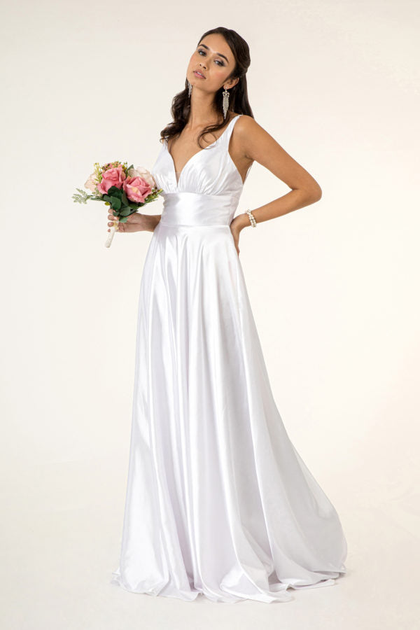 Long Satin V-Neck Dress by Elizabeth K GL2963