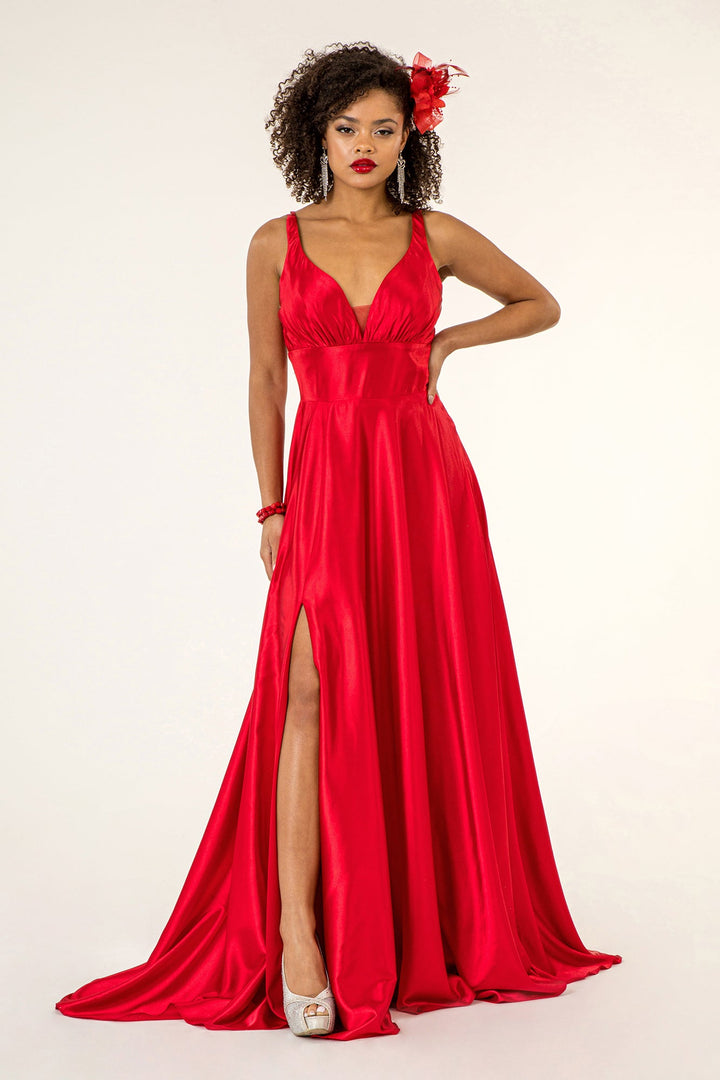 Long Satin V-Neck Dress by Elizabeth K GL2963