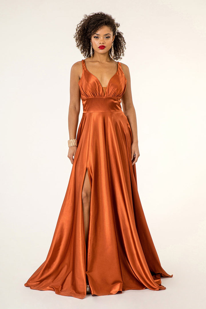 Long Satin V-Neck Dress by Elizabeth K GL2963