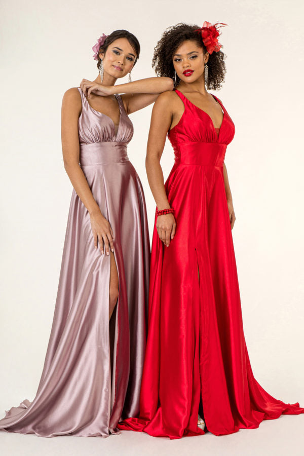 Long Satin V-Neck Dress by Elizabeth K GL2963