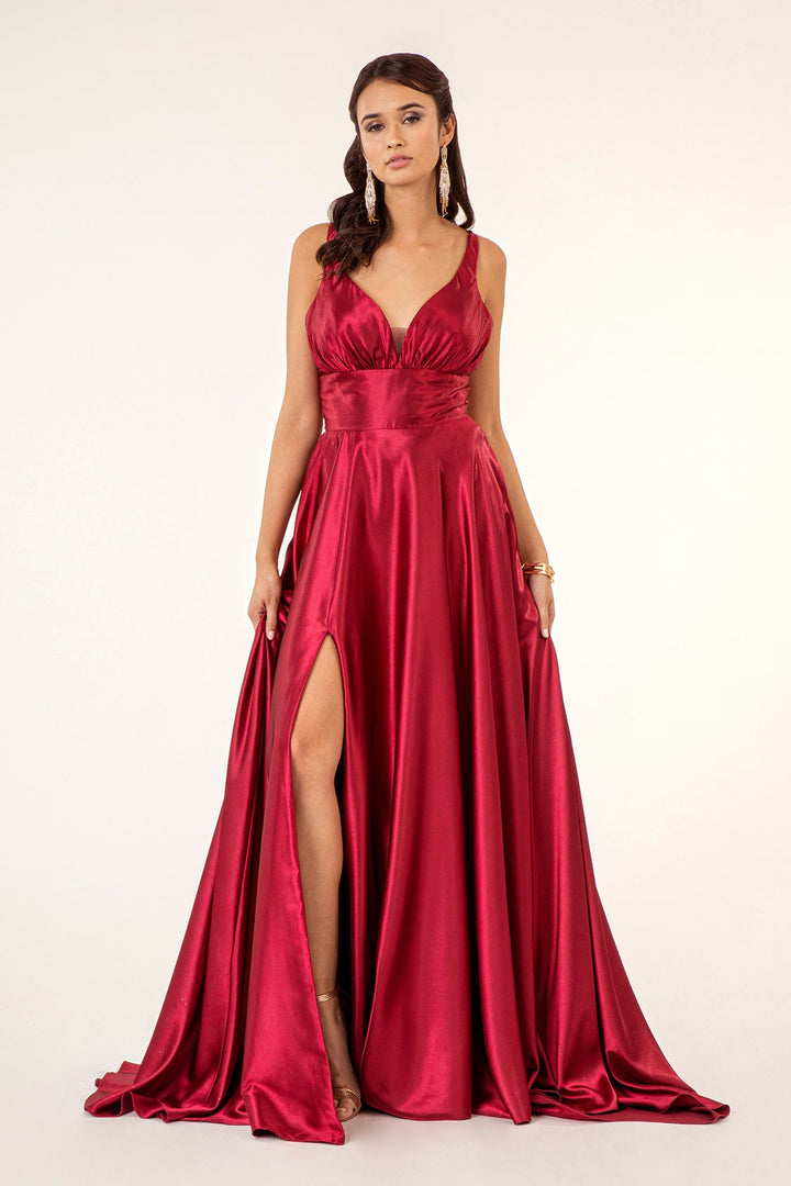 Long Satin V-Neck Dress by Elizabeth K GL2963