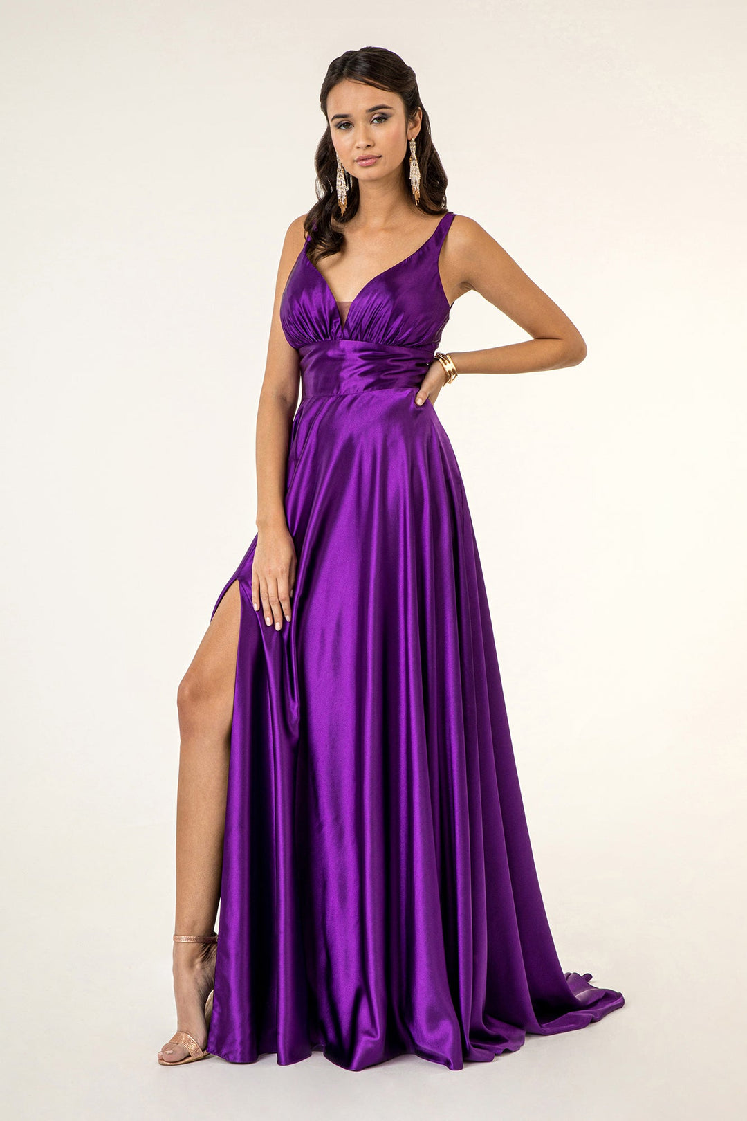 Long Satin V-Neck Dress by Elizabeth K GL2963