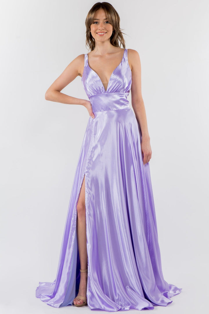 Long Satin V-Neck Dress by Elizabeth K GL2963