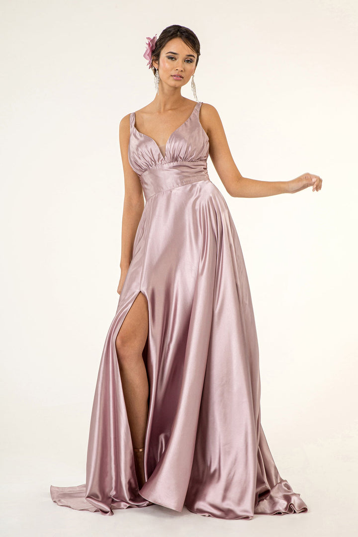 Long Satin V-Neck Dress by Elizabeth K GL2963