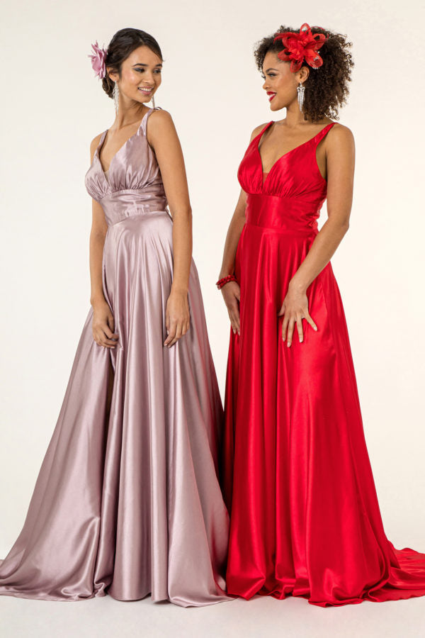 Long Satin V-Neck Dress by Elizabeth K GL2963