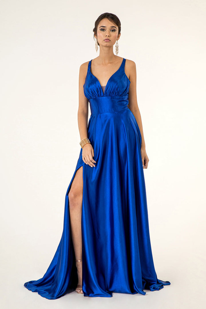 Long Satin V-Neck Dress by Elizabeth K GL2963