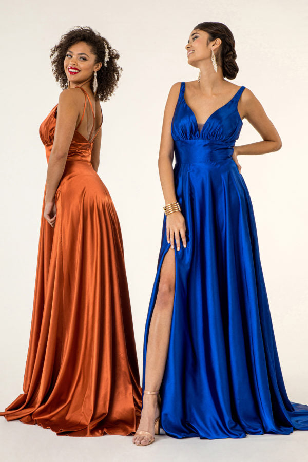 Long Satin V-Neck Dress by Elizabeth K GL2963