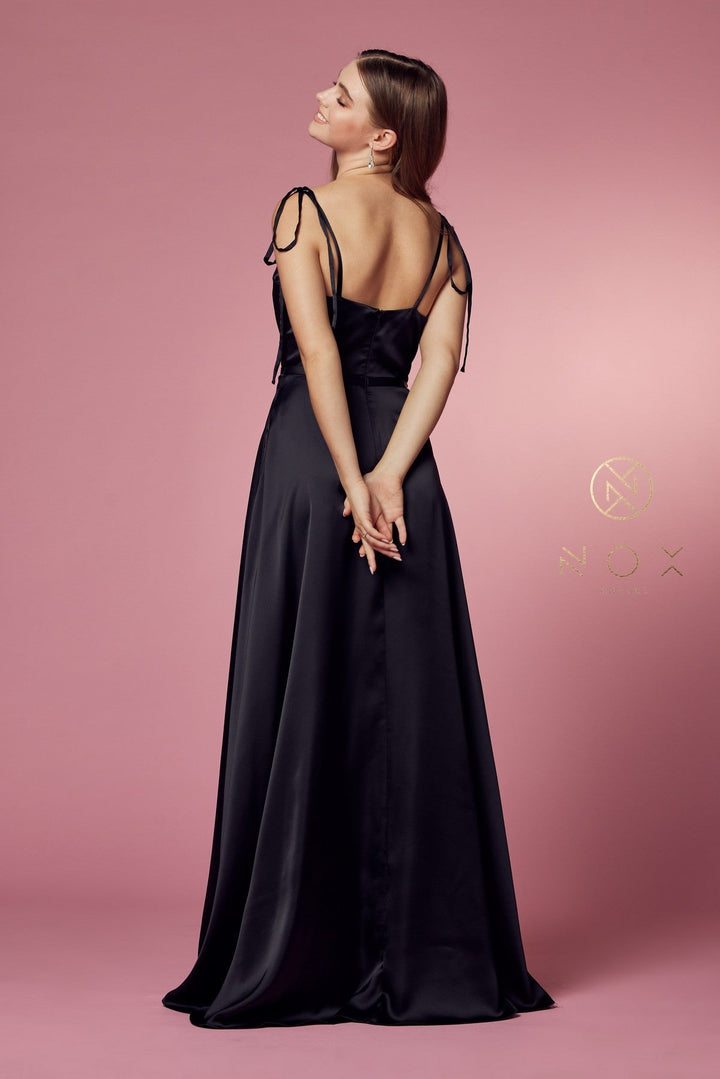 Long Satin V-Neck Dress by Nox Anabel R1029