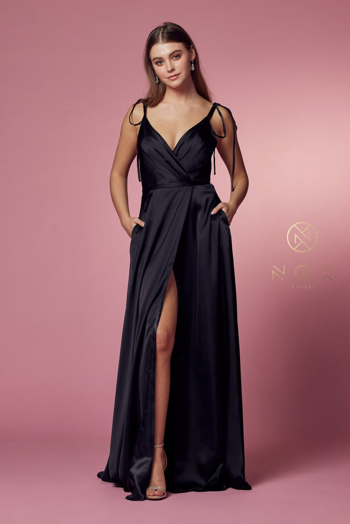 Long Satin V-Neck Dress by Nox Anabel R1029