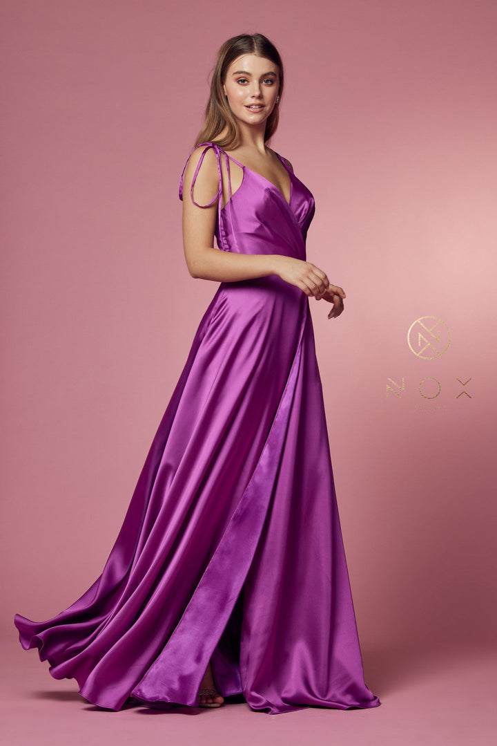 Long Satin V-Neck Dress by Nox Anabel R1029