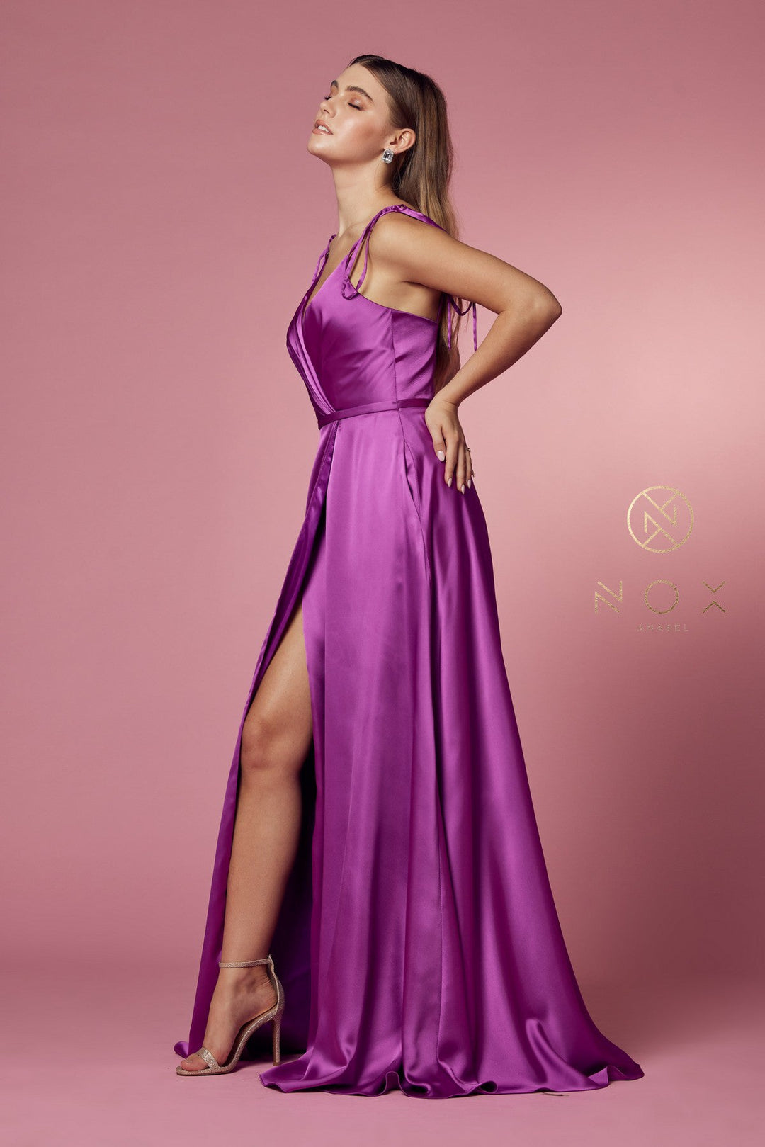 Long Satin V-Neck Dress by Nox Anabel R1029