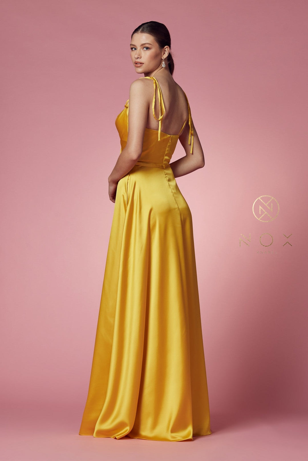 Long Satin V-Neck Dress by Nox Anabel R1029