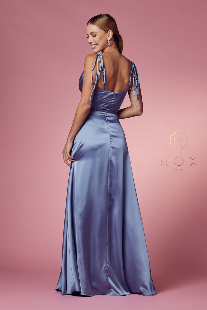 Long Satin V-Neck Dress by Nox Anabel R1029