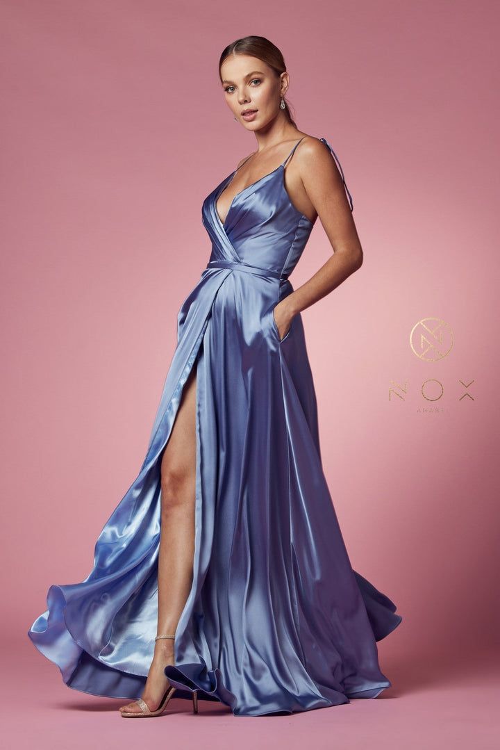 Long Satin V-Neck Dress by Nox Anabel R1029