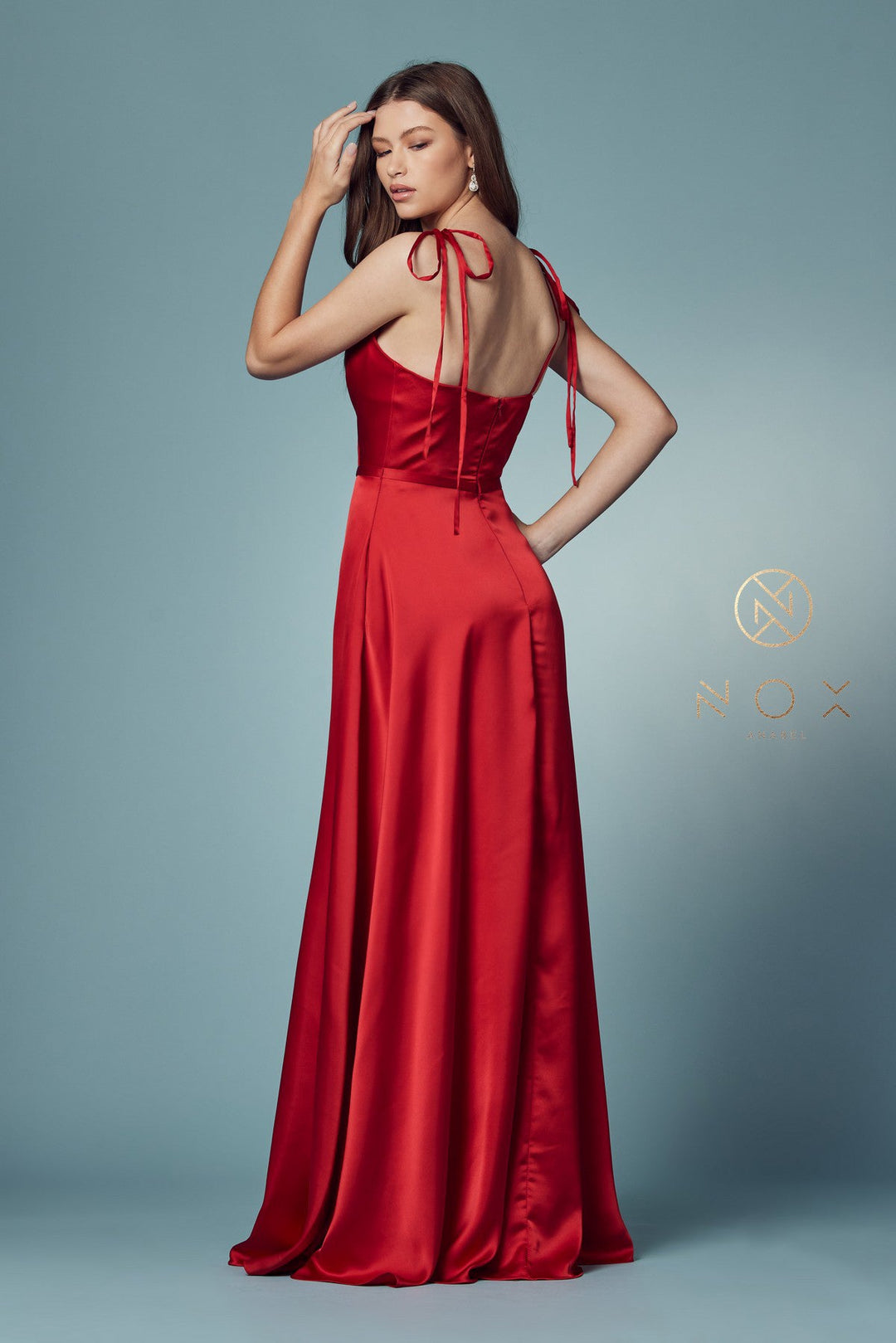 Long Satin V-Neck Dress by Nox Anabel R1029