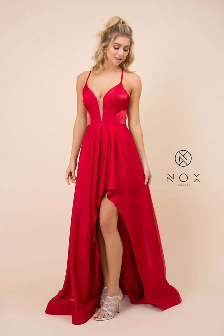 Long Satin V-Neck Dress with Corset Back by Nox Anabel M333