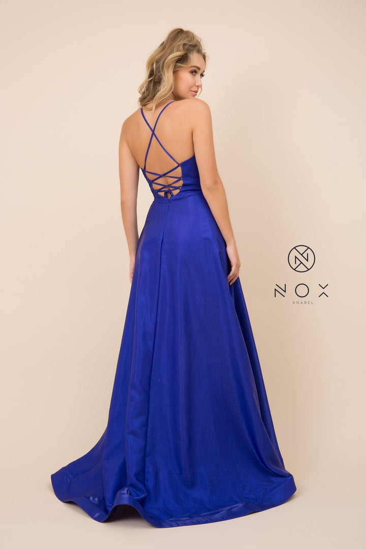 Long Satin V-Neck Dress with Corset Back by Nox Anabel M333