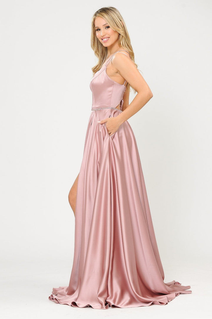 Long Satin V-Neck Dress with Corset Back by Poly USA 8654