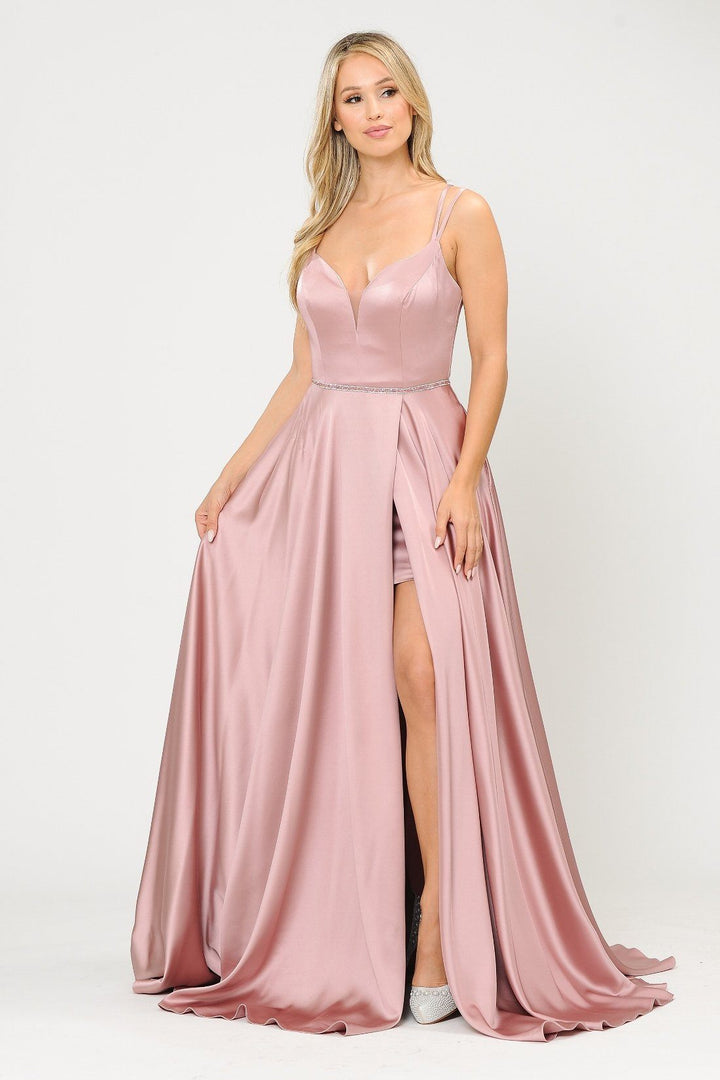 Long Satin V-Neck Dress with Corset Back by Poly USA 8654