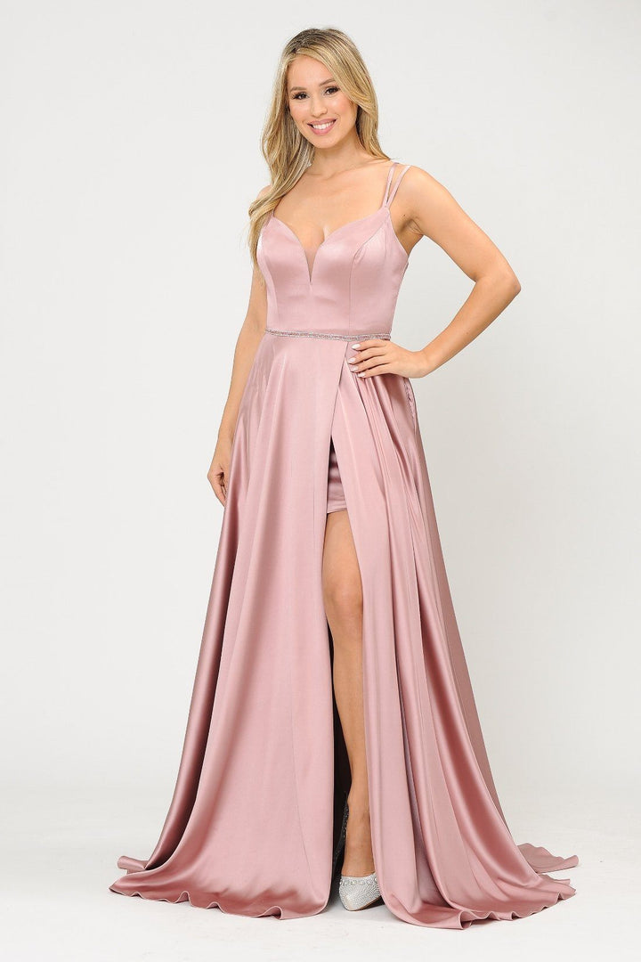 Long Satin V-Neck Dress with Corset Back by Poly USA 8654