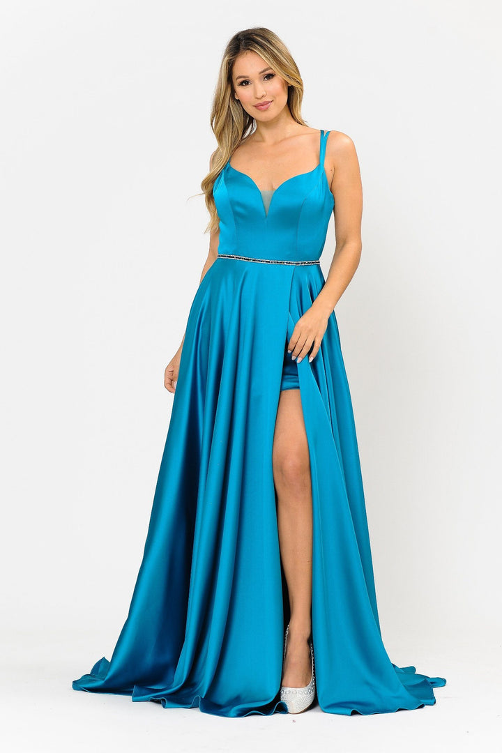 Long Satin V-Neck Dress with Corset Back by Poly USA 8654