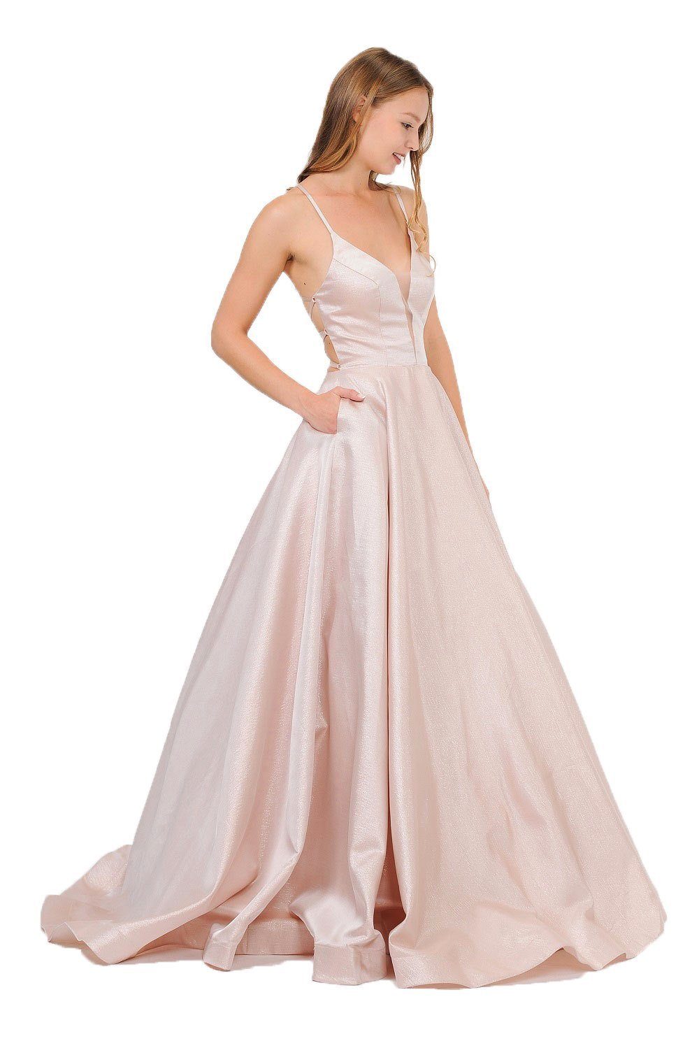 Long Satin V-Neck Dress with Crisscross Back by Poly USA 8456-Long Formal Dresses-ABC Fashion