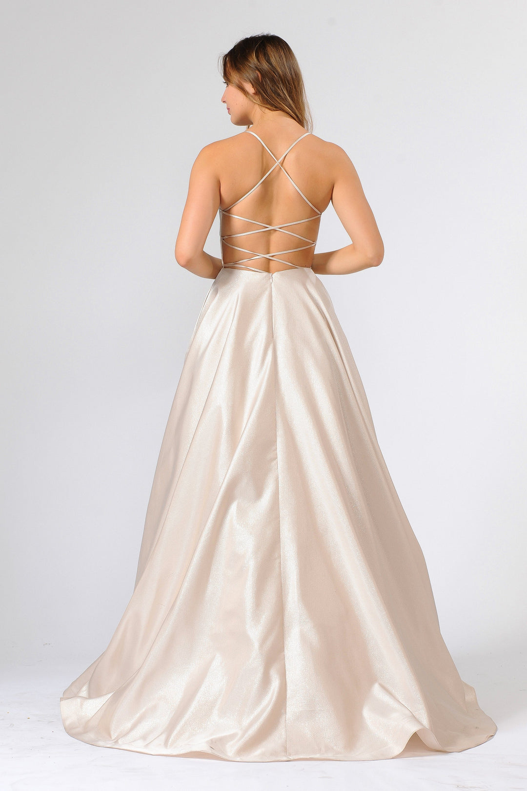 Long Satin V-Neck Dress with Crisscross Back by Poly USA 8456-Long Formal Dresses-ABC Fashion